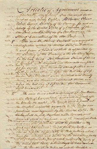 First contract of Eli Whitney as a firearms manufacturer, 1798.