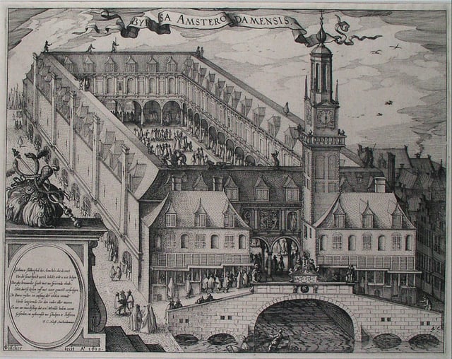 A 17th-century engraving depicting the Amsterdam Stock Exchange (Amsterdam's old bourse, a.k.a. Beurs van Hendrick de Keyser in Dutch), built by Hendrick de Keyser (c. 1612). The Amsterdam Stock Exchange (Beurs van Hendrick de Keyser), launched by the Dutch East India Company in the early 1600s, was the world's first official (formal) stock exchange when it began trading the VOC's freely transferable securities, including bonds and shares of stock.