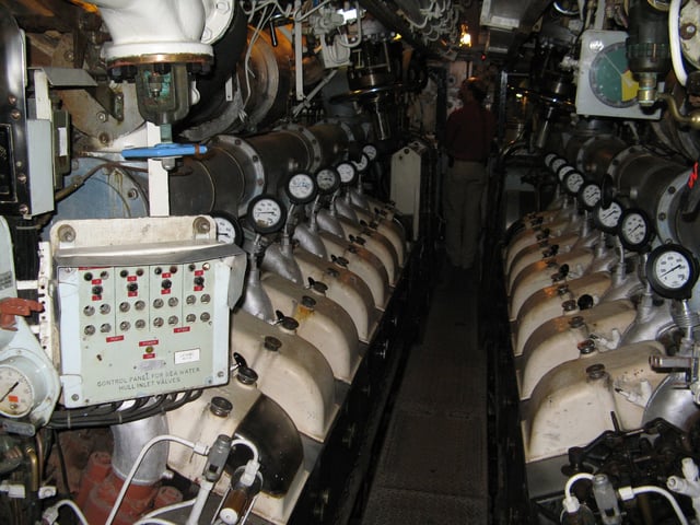 Engine compartment on HMS Otus, twin V16 diesel engines