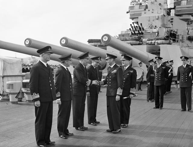 King George VI and Admiral Bruce Fraser aboard HMS Duke of York at Scapa Flow, August 1943