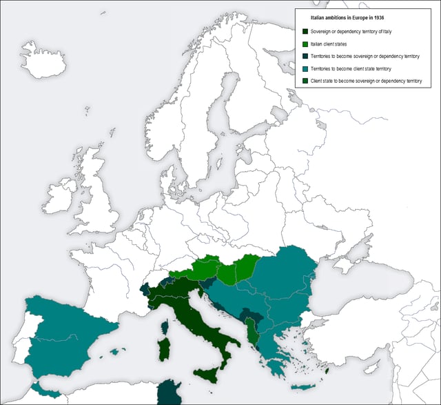 Ambitions of Fascist Italy in Europe in 1936. The map shows territories to become sovereign or dependency territory (in dark-green) and client states (in light-green).