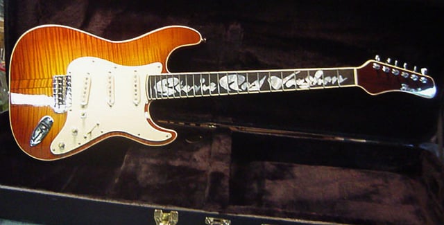 Jim Hamilton signed Stevie Ray Vaughan reproduction guitar #01