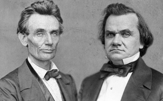 Composite image from portrait photographs of Abraham Lincoln (1860) and Stephen A. Douglas (1859)