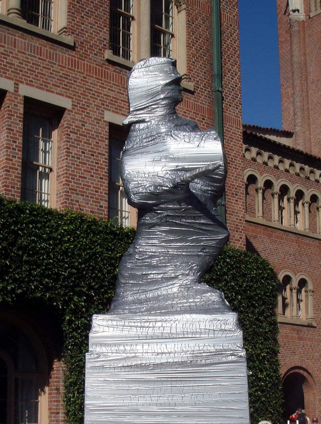 During the week prior to the traditional USC-UCLA rivalry football game, the Tommy Trojan statue is covered to prevent UCLA vandalism.