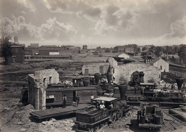 Atlanta's rail yard and roundhouse in ruins shortly after the end of the Civil War