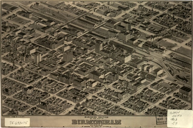 Panoramic map of Birmingham's business section from 1903