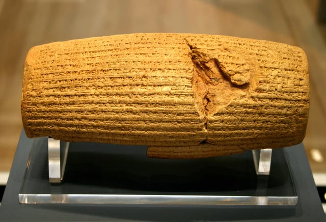 The Cyrus cylinder, a contemporary cuneiform script proclaiming Cyrus as legitimate king of Babylon.