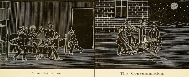 The "Scenes of Hazing", as portrayed in an early student yearbook of the Massachusetts Agricultural College. Circa 1879.