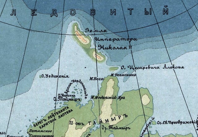 Emperor Nicholas II Land in a 1915 map of the Russian Empire. Back then it was believed that what is now Severnaya Zemlya was a single landmass.
