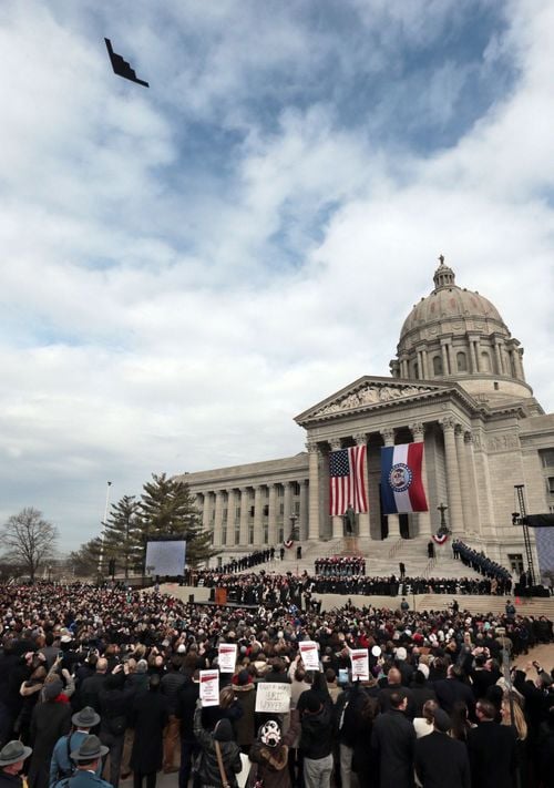 A B-2 stealth bomber flies over the Inauguration of Governor Eric Greitens on January 9, 2017 in Jefferson City, Missouri.