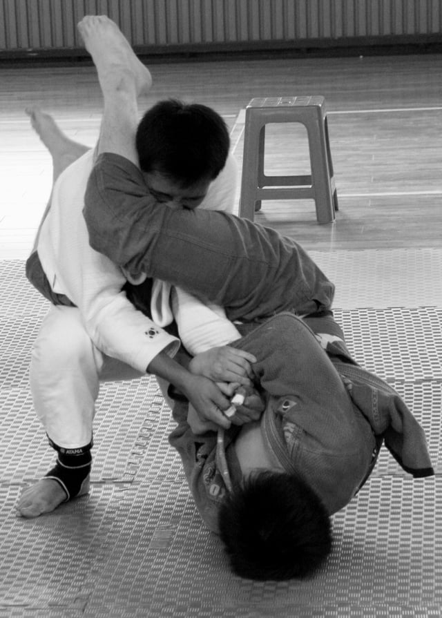 A practitioner attempting an armbar submission