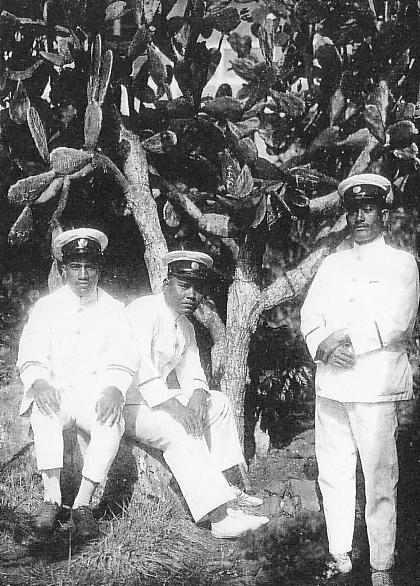 Native Austronesian police officers of Truk Island, circa 1930. Truk became a possession of the Empire of Japan under a mandate from the League of Nations following Germany's defeat in World War I.