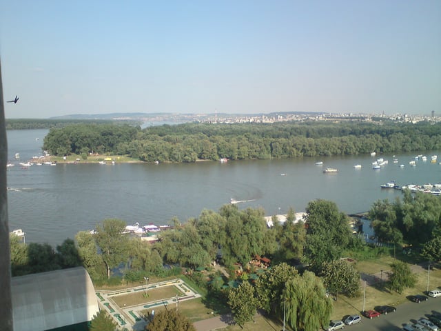 Great War Island, Belgrade, as seen from Zemun, Serbia. It is located at the confluence of the Sava and Danube.