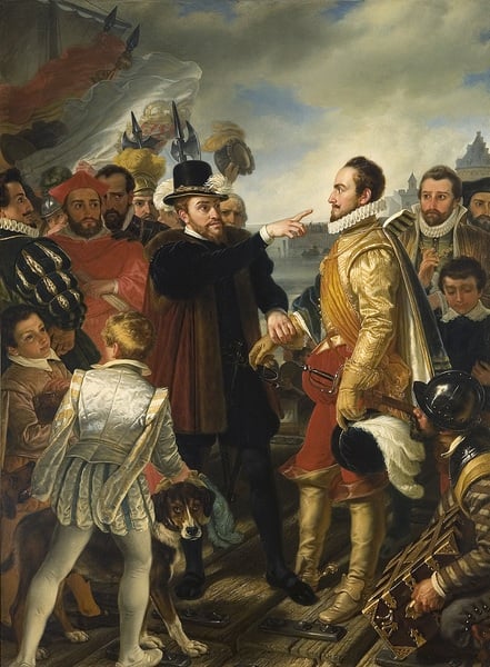 Philip II of Spain berating William the Silent, Prince of Orange by Cornelis Kruseman, painting from 19th century.  This scene was purported to have happened on the dock in Flushing when Philip departed the Netherlands. By Cornelis Kruseman