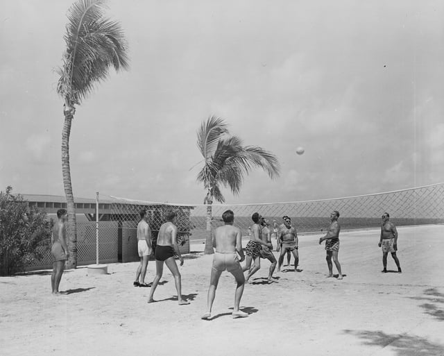 A beach volleyball game between members of President Harry S. Truman's vacation party at Key West, Florida in 1950