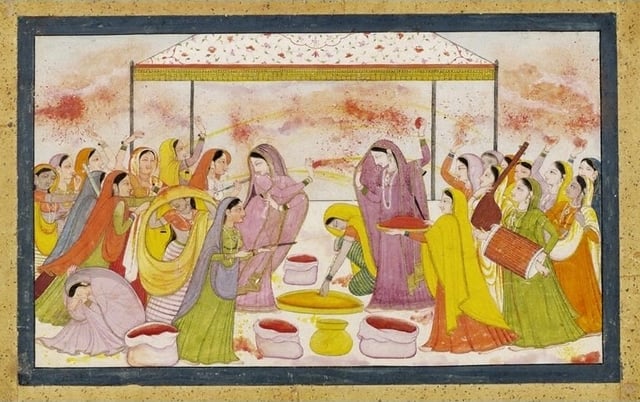 Radha and the Gopis celebrating Holi, with accompaniment of music instruments