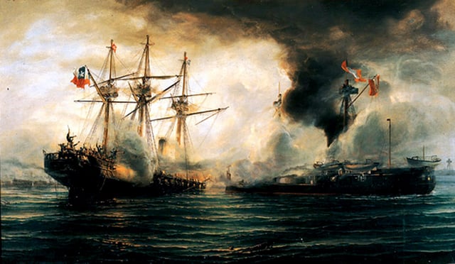 The Battle of Iquique on 21 May 1879. The victory of Chile in the War of the Pacific allowed its expansion into new territories.