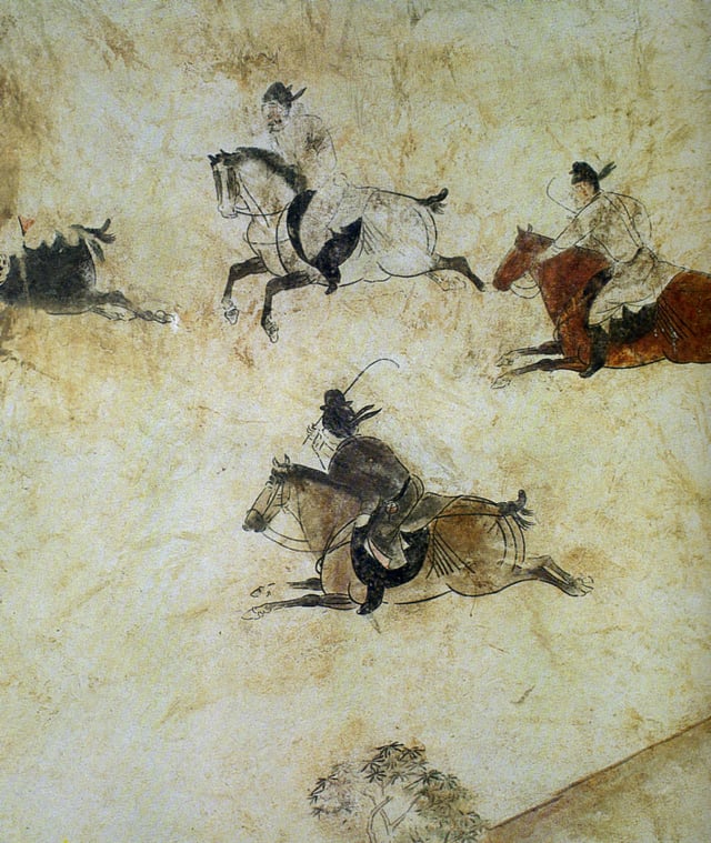 Tang Dynasty Chinese courtiers on horseback playing a game of polo, 706 AD