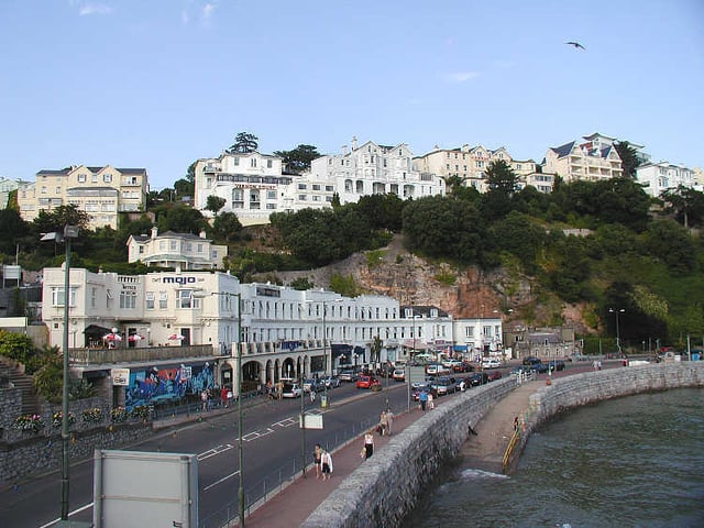 Part of the seafront of Torquay, south Devon, at high tide.