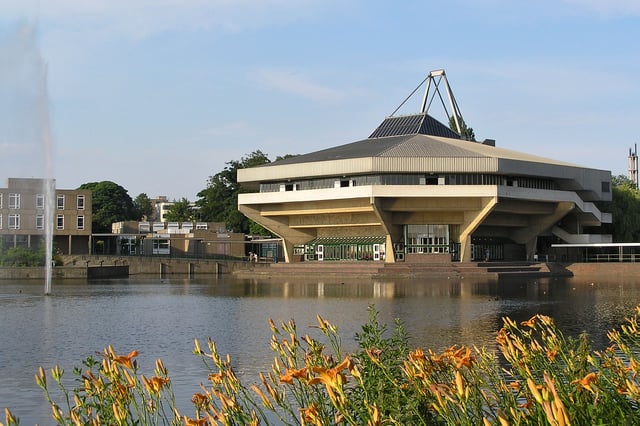 University of York, view across the lake to Central Hall