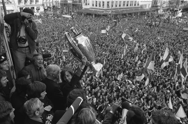 Johan Cruyff holding the European Cup during celebrations in Amsterdam following Ajax's 1972 triumph