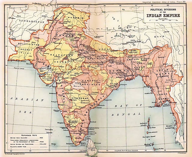 A map of the British Indian Empire in 1909 during the partition of Bengal (1905–1911), showing British India in two shades of pink (coral and pale) and the princely states in yellow.