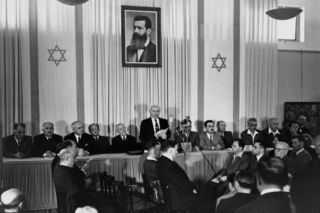 David Ben-Gurion proclaiming the Israeli Declaration of Independence at the Independence Hall, 14 May 1948