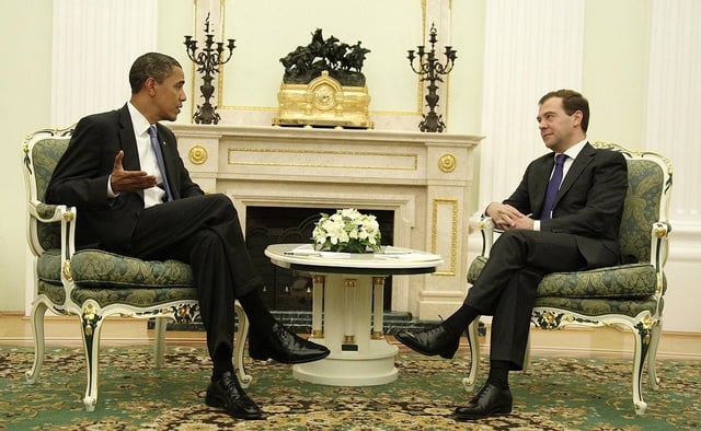 Then-President Dmitry Medvedev with Then-US President Barack Obama in 2009.