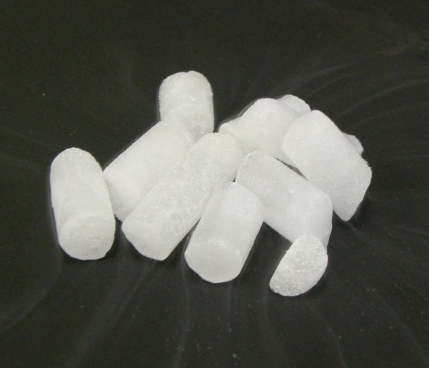 Pellets of "dry ice", a common form of solid carbon dioxide