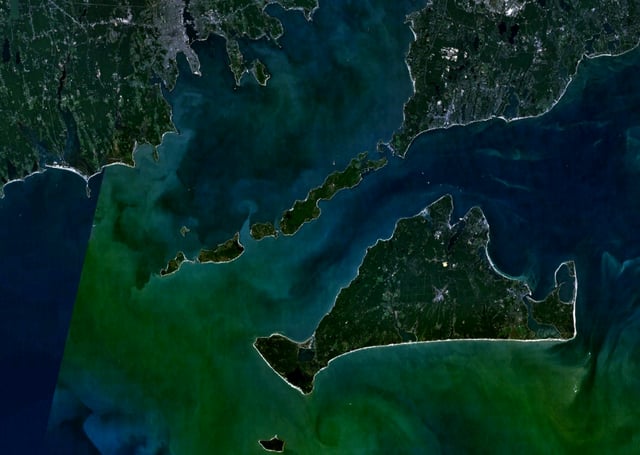 Aerial view of Martha's Vineyard with Elizabeth Islands above