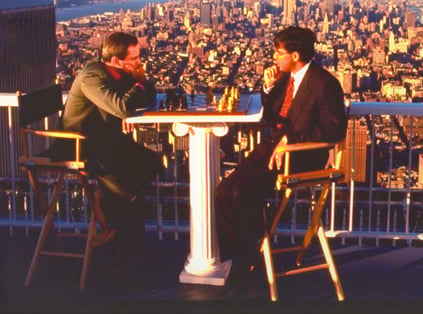 Kasparov and Viswanathan Anand in a publicity photo on top of the World Trade Center in New York