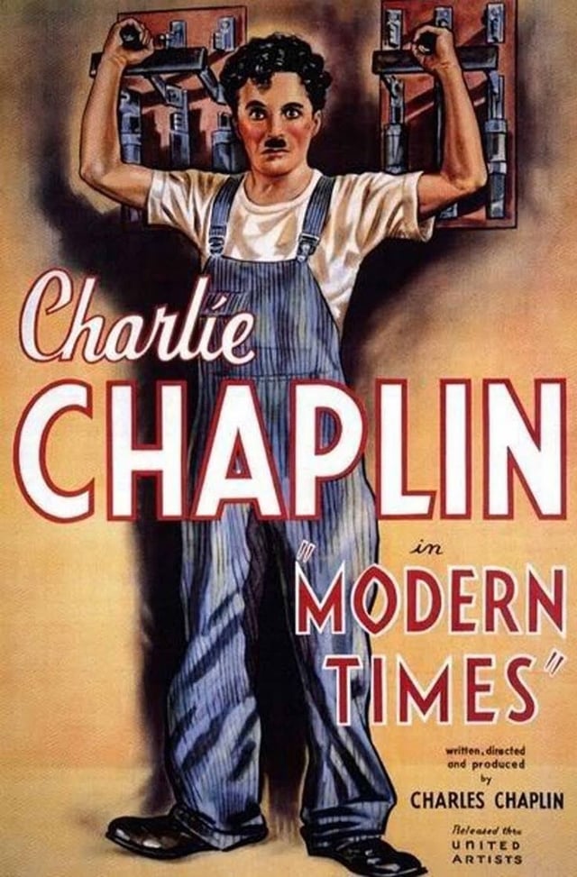 Modern Times (1936), described by Jérôme Larcher as a "grim contemplation on the automatization of the individual"