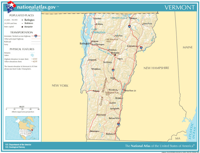 Map of Vermont showing cities, roads, and rivers.