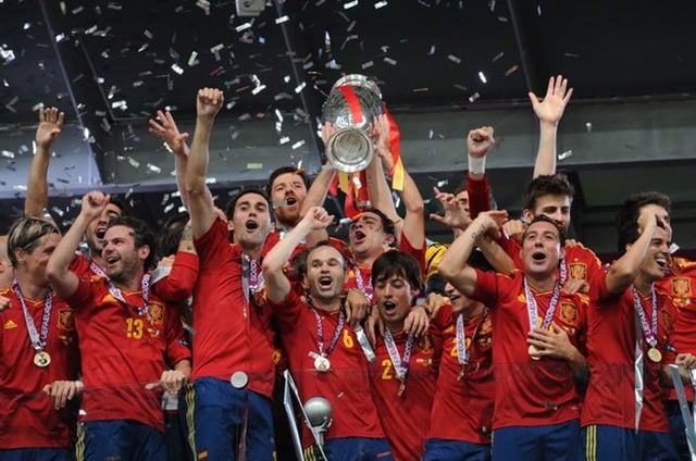Spain's players celebrating their Euro 2012 victory. It didn't come as a coincidence as Barcelona and Spain ruled the world of football in the same period. Cruyff's football philosophy helped lay the systemic foundations for Spanish period of dominance (2008–2012) in world football at both club and international level.