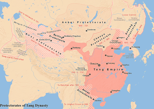 Map of the six major protectorates during Tang dynasty.