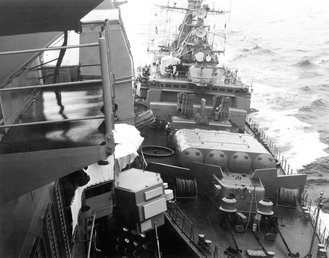 Soviet frigate Bezzavetny (right) bumping the USS Yorktown during the 1988 Black Sea bumping incident.