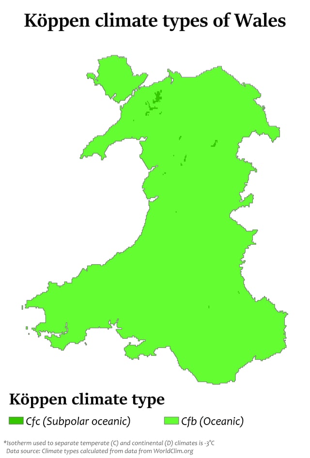Köppen climate types in Wales