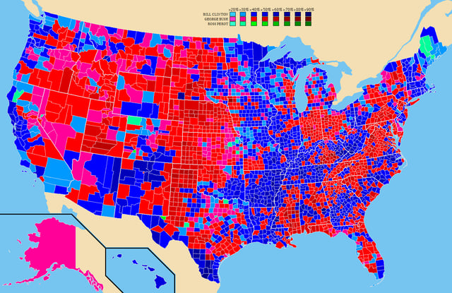 Election results by county  Bill Clinton   George H. W. Bush   Ross Perot