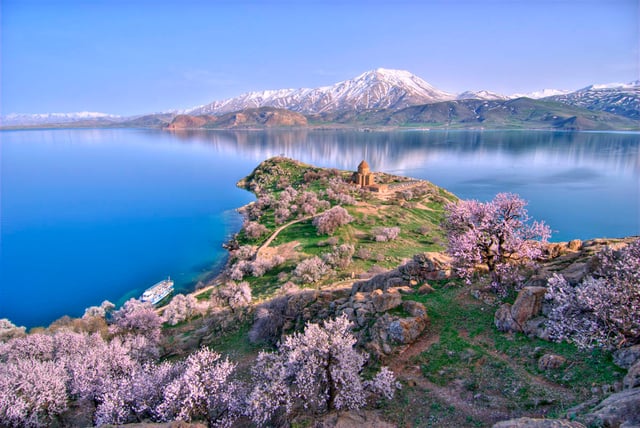 A photograph of Lake Van and the Armenian Church of Akhtamar. Van is the largest lake in the country and is located in eastern Anatolia.