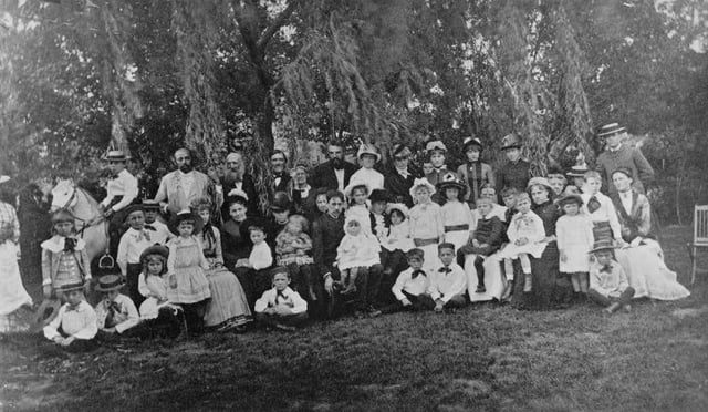 Alexander Graham Bell with teachers and students of the Scott Circle School for deaf children, Washington, D.C., 1883