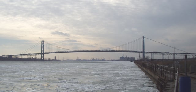 The Ambassador Bridge between Detroit, Michigan, and Windsor, Ontario, is the busiest commercial crossing between the two countries.