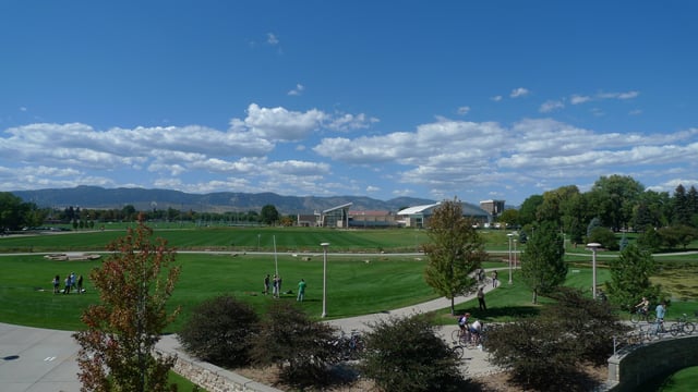 Looking west from Lory Student Center, one can see the athletic fields, the new Student Recreation Center, and the roof of Moby Arena