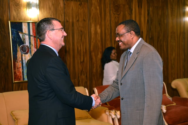 Former Prime Minister of Ethiopia Hailemariam Desalegn meeting with former US Deputy Secretary of Defense Ash Carter in Addis Ababa.