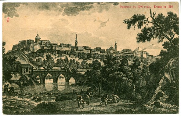 Yerevan in 1796 in the Qajar era, by G. Sergeevich. An Armenian church is seen on the left and a Persian mosque on the right