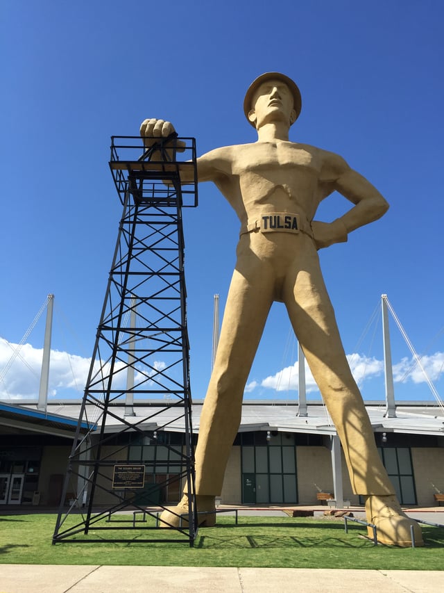 The iconic Golden Driller, built in 1953 for the 1966 International Petroleum Exposition, now stands at the Tulsa County Fairgrounds.