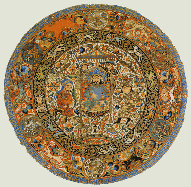 Circular piece of silk with Mongol images