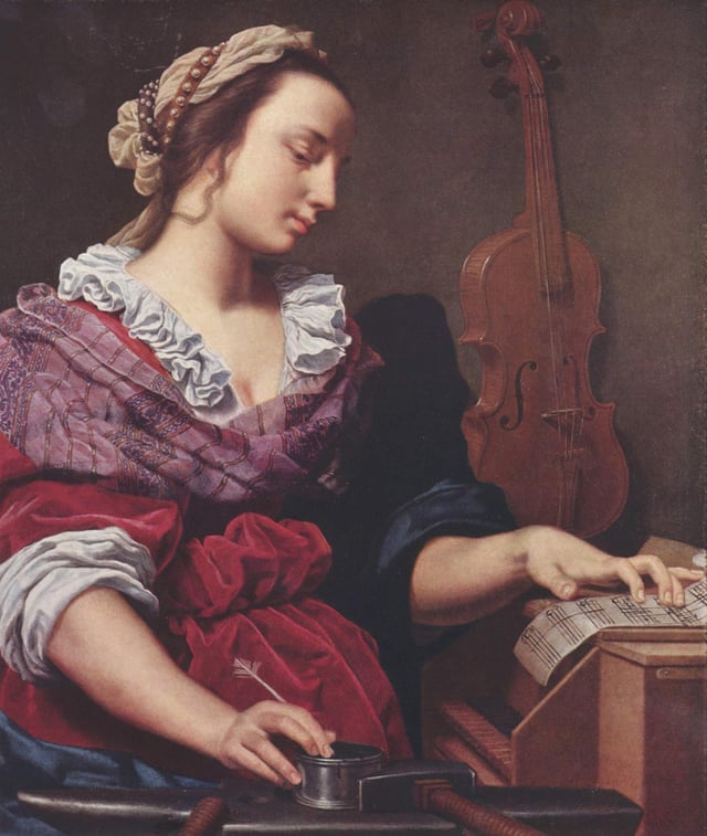 Allegory of Music (c. 1594), a painting of a woman writing sheet music by Lorenzo Lippi