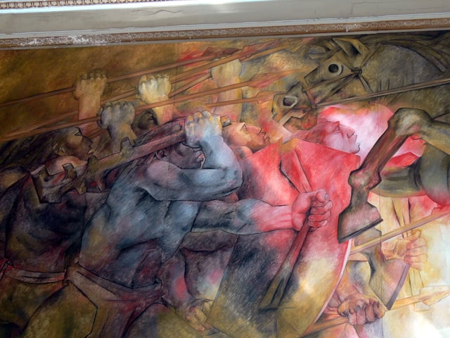 Mural alluding to the conquest of Yucatán, painted by Fernando Castro Pacheco. History Hall of the Palace of Government of Yucatán.