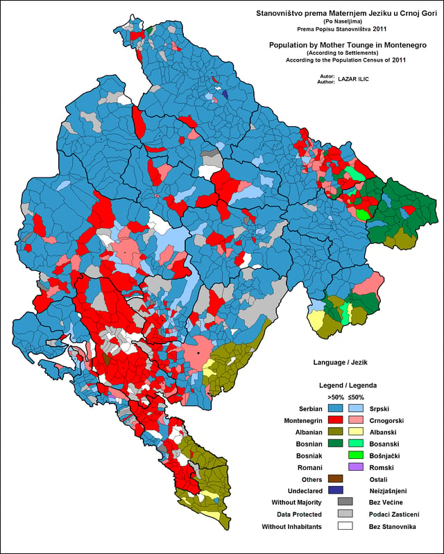 Linguistic structure of Montenegro by settlements, 2011