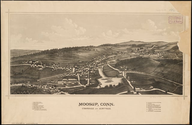 Lithograph of Moosup from 1889 by L.R. Burleigh with list of landmarks
